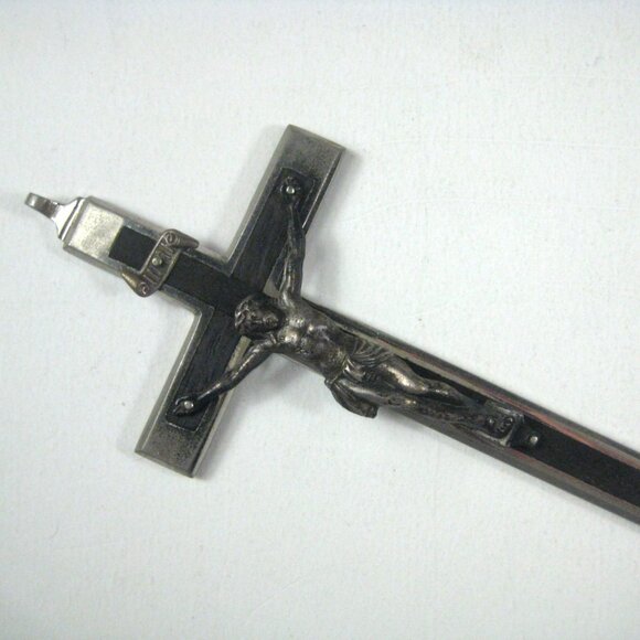 Vintage Metal Crucifix Pendant Christ Figure Silver Cross Inlay Ebony Wood Steel - Picture 2 of 5